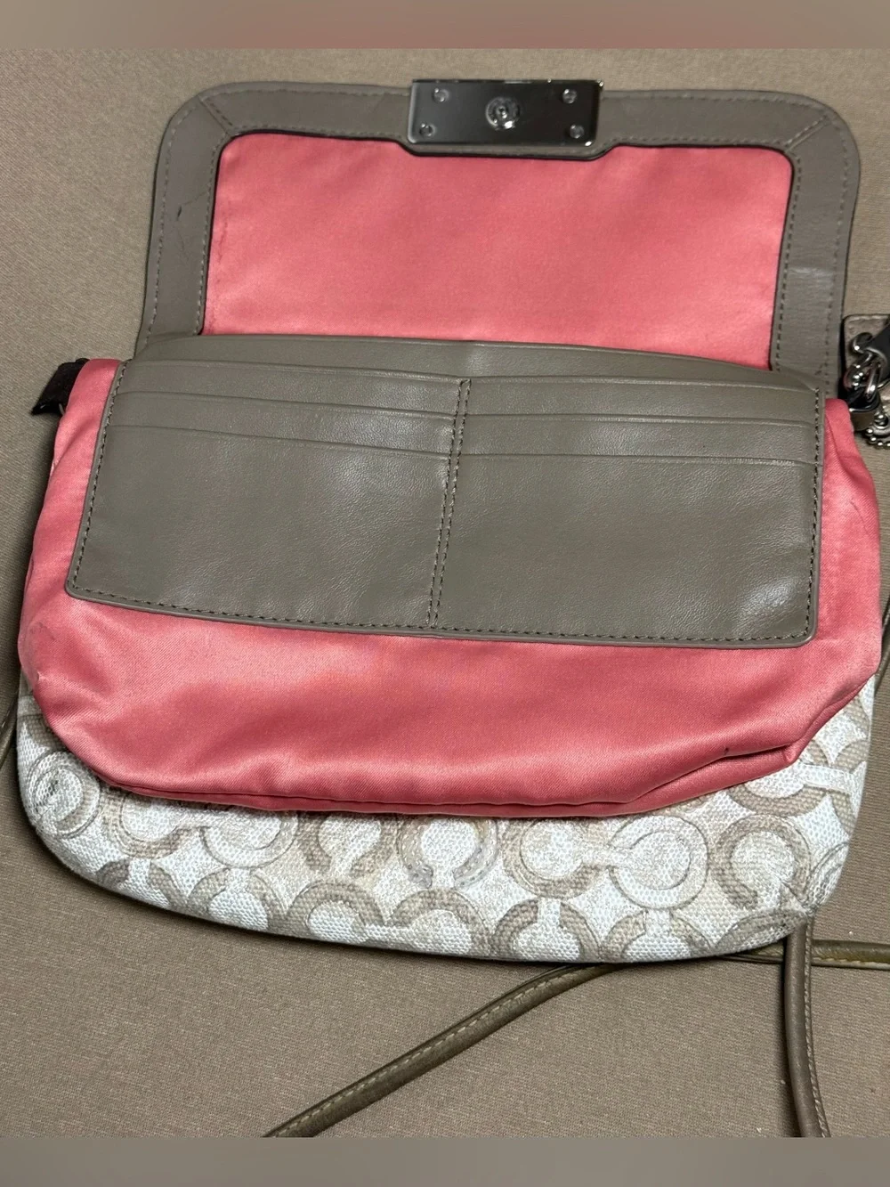 Coach White and Taupe Signature Crossbody with Metallic Accent